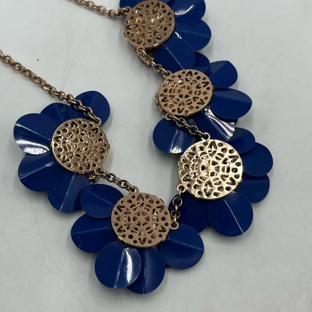 Kate Spade New York Blue Snowy Nights Sequined Flower AB Statement Rose Necklace